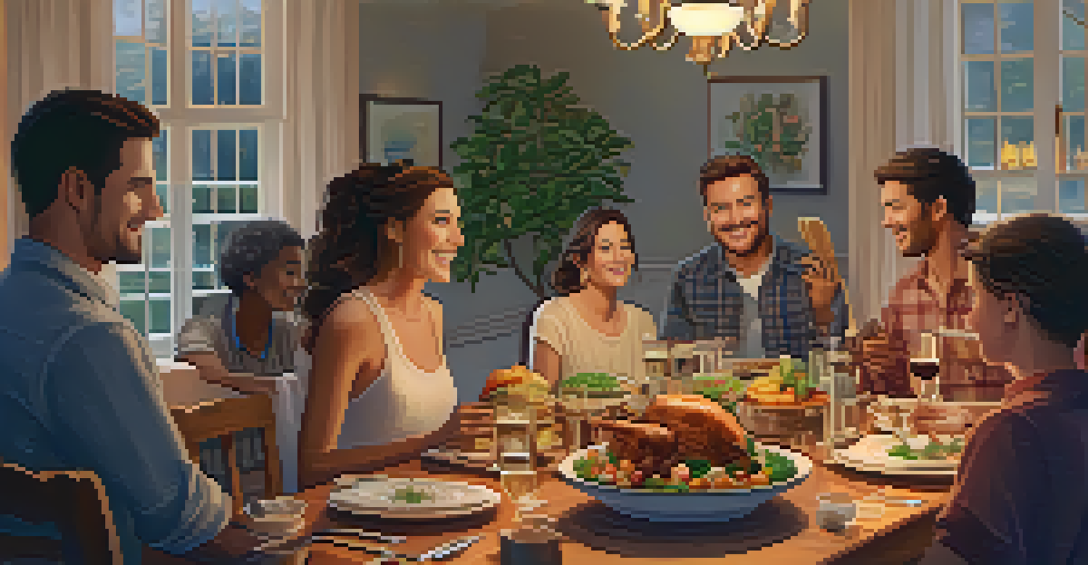 A large dining table set for a family meal with members of different ages sharing food and conversation.