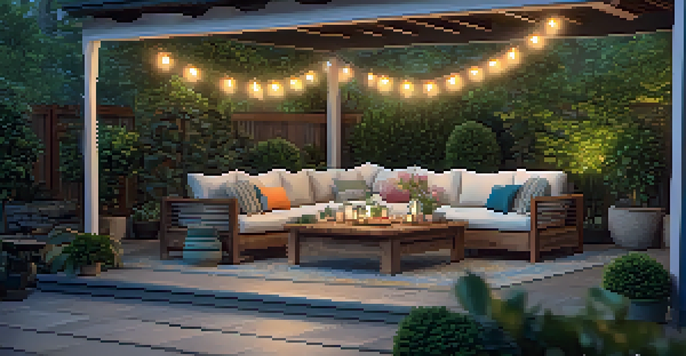 A cozy outdoor seating area with cushioned lounge chairs, a wooden coffee table, and vibrant potted plants, enhanced by warm string lights.