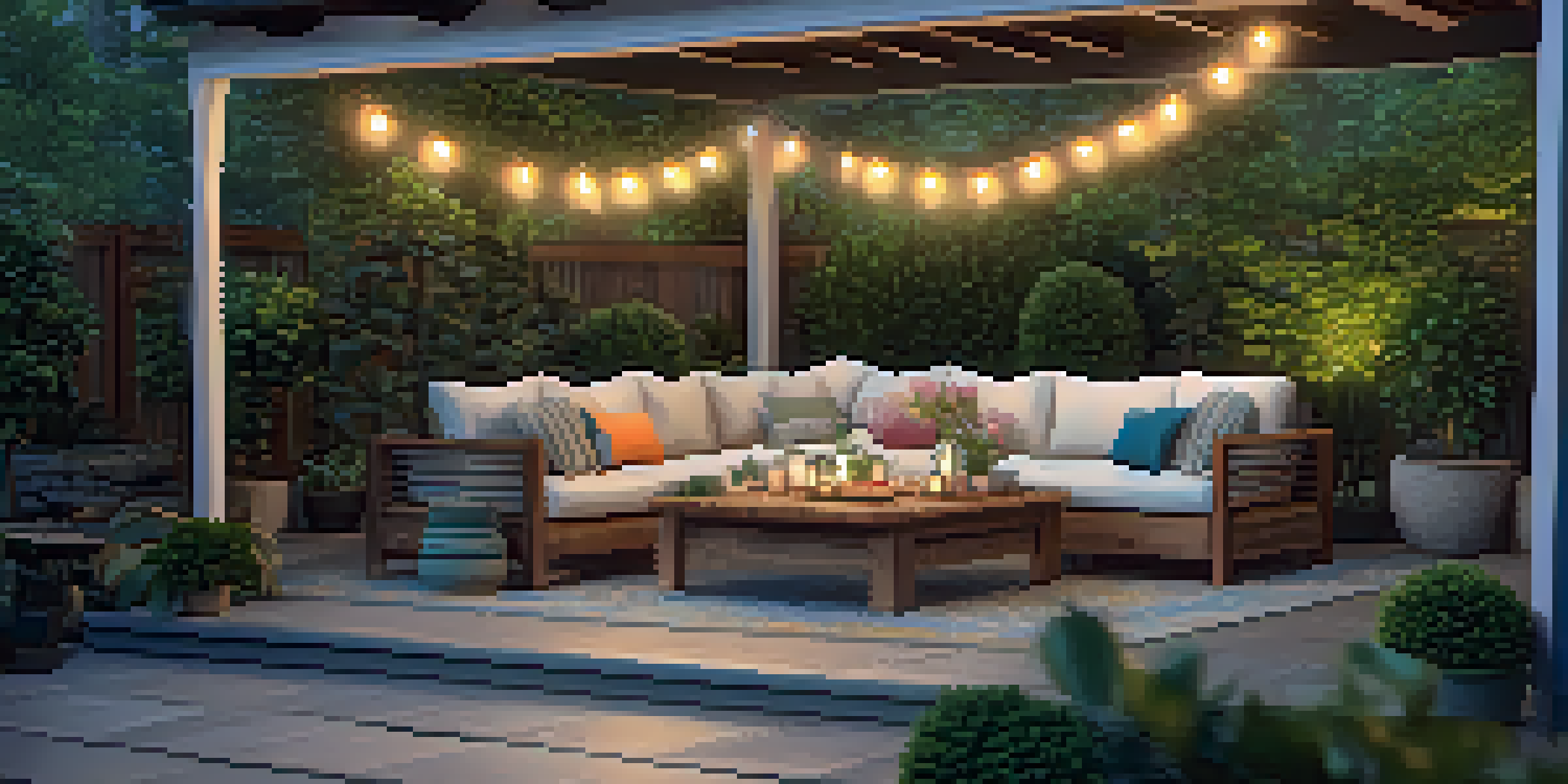 A cozy outdoor seating area with cushioned lounge chairs, a wooden coffee table, and vibrant potted plants, enhanced by warm string lights.