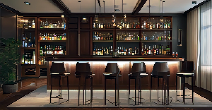 A stylish home bar with dark wood cabinetry, organized glassware, and warm ambient lighting in a cozy living room setting.