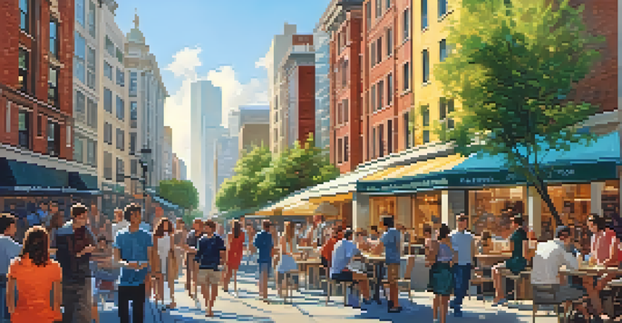 A vibrant urban neighborhood with young professionals, modern apartments, and outdoor cafes, illuminated by warm sunlight.