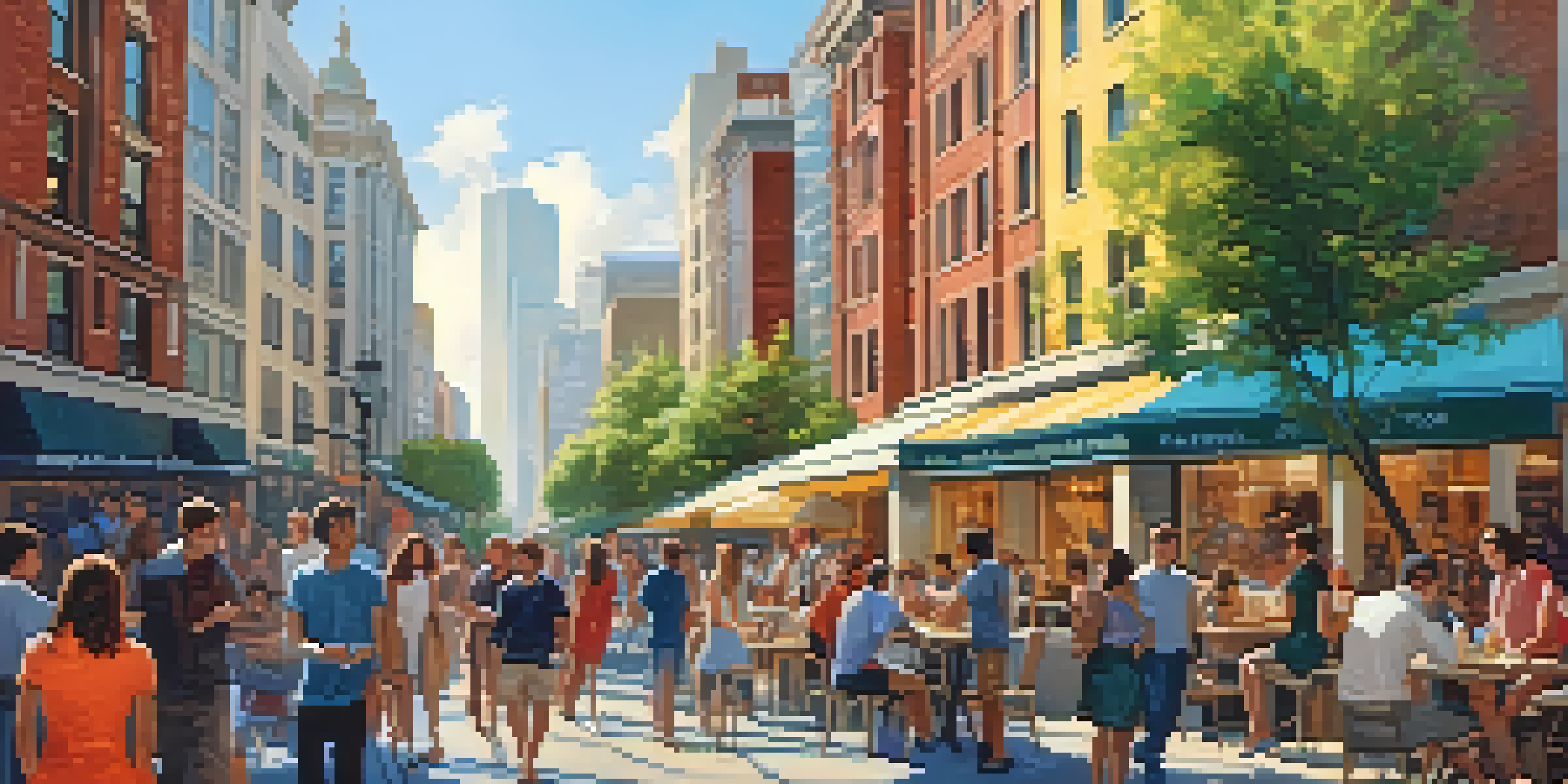 A vibrant urban neighborhood with young professionals, modern apartments, and outdoor cafes, illuminated by warm sunlight.