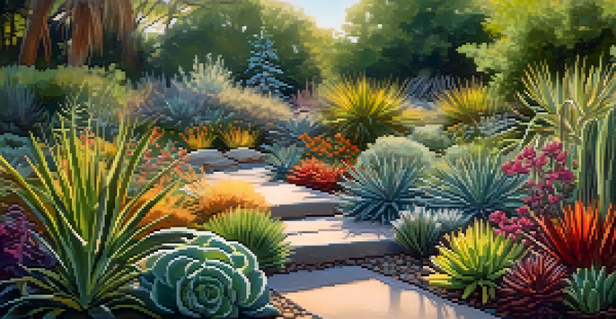 A colorful garden displaying various low-maintenance plants like succulents and ornamental grasses under soft sunlight.