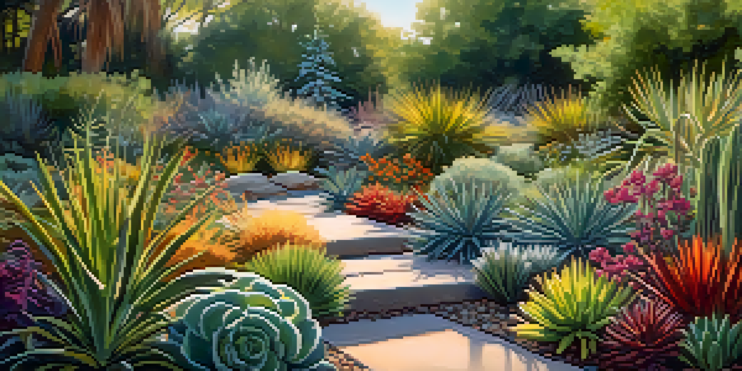 A colorful garden displaying various low-maintenance plants like succulents and ornamental grasses under soft sunlight.