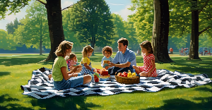 A family having a picnic in a park, complete with a checkered blanket and a picnic basket.