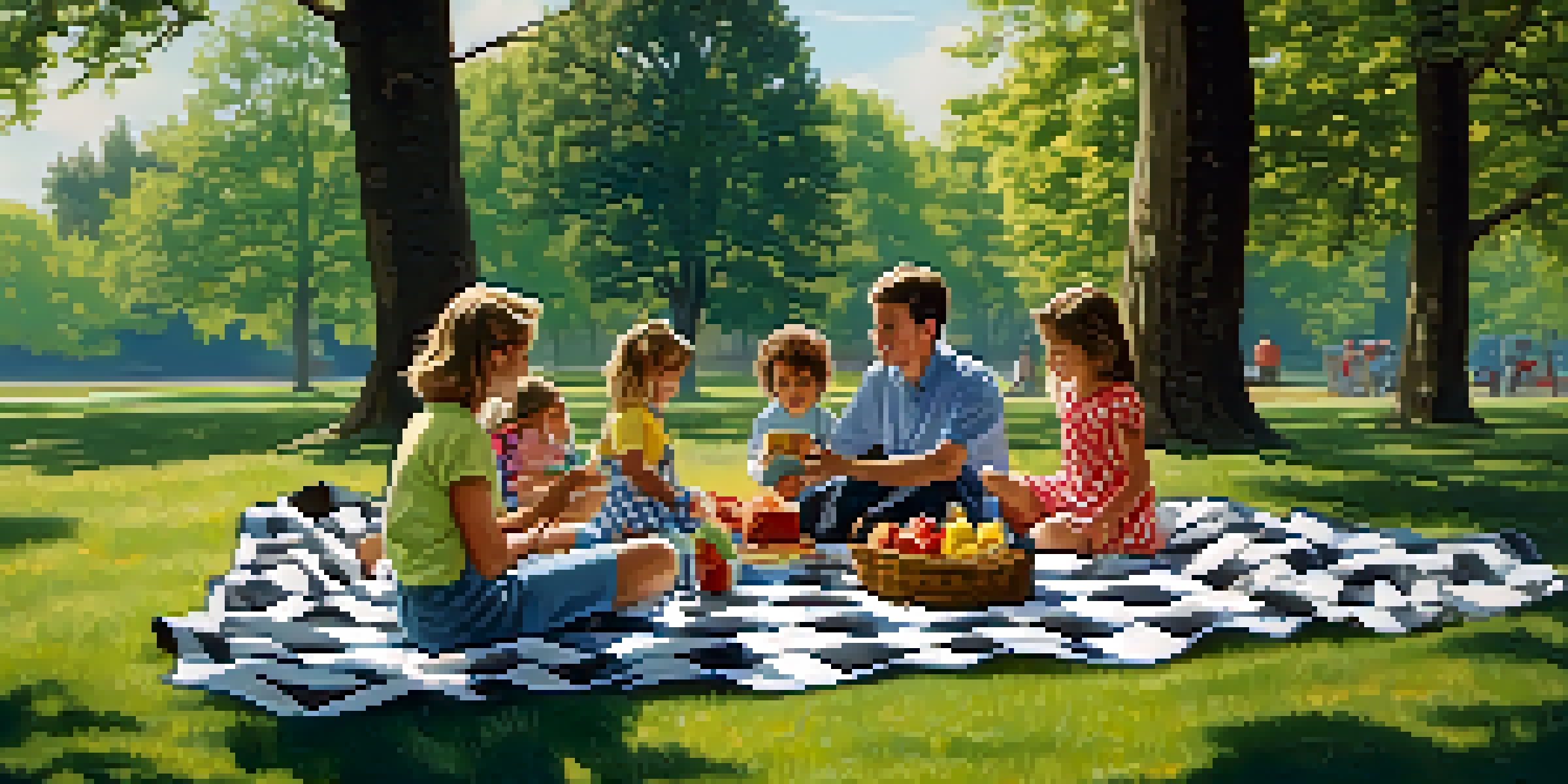 A family having a picnic in a park, complete with a checkered blanket and a picnic basket.