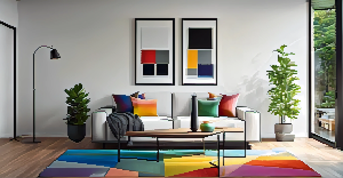 A modern minimalist living room with large windows, a white sofa, colorful cushions, soft gray walls, a geometric rug, and potted plants.