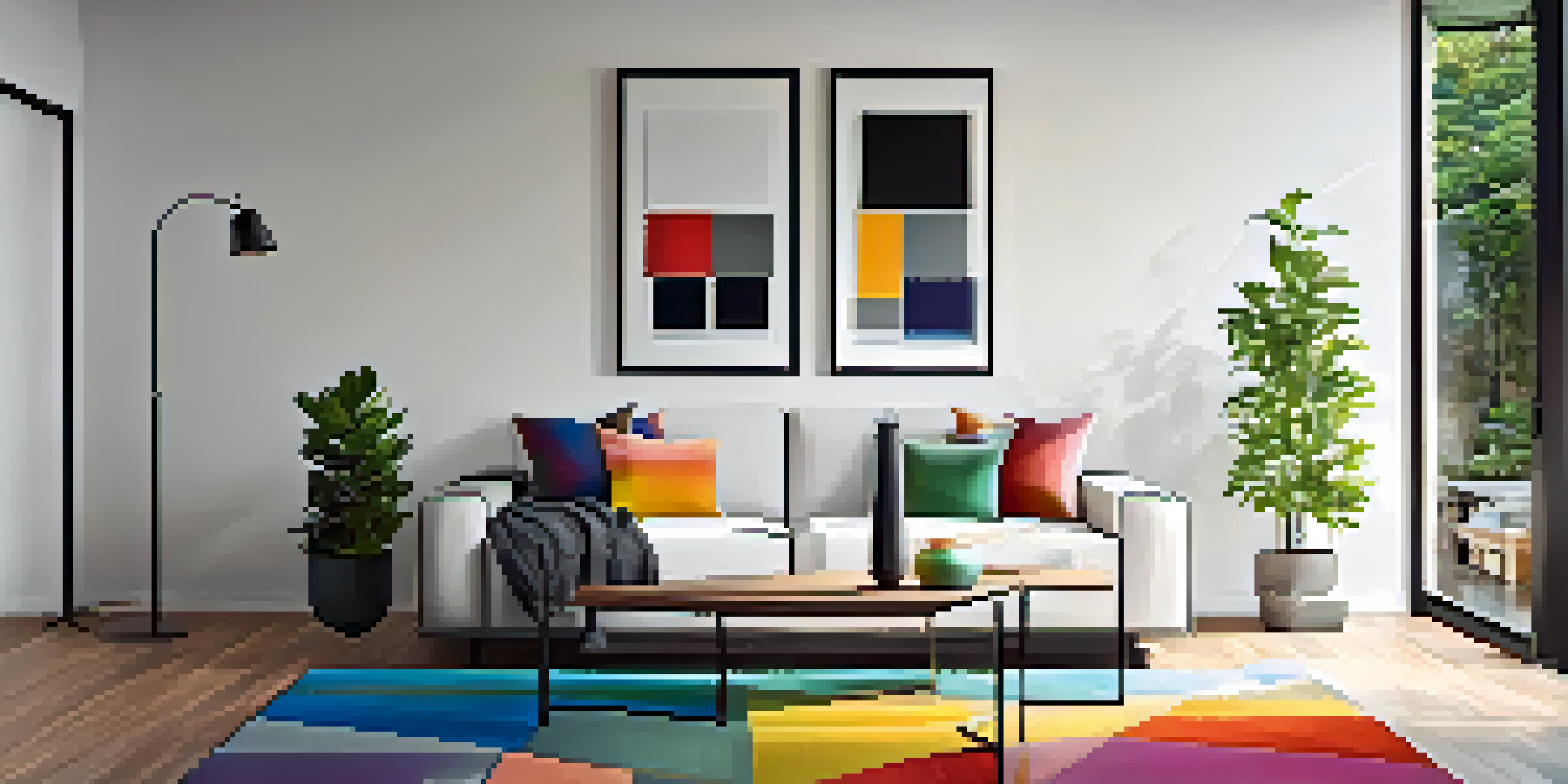 A modern minimalist living room with large windows, a white sofa, colorful cushions, soft gray walls, a geometric rug, and potted plants.