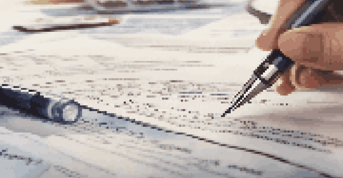 A close-up view of a real estate closing document with a pen, featuring detailed text about closing costs, set in a softly lit modern office environment.