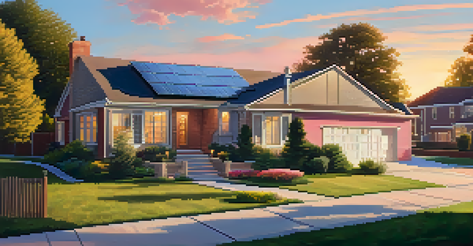 A suburban home with solar panels at sunset, featuring illuminated pathways and a colorful sky.