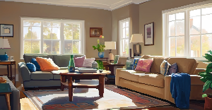 A couple sitting in a cozy living room discussing their home buying budget with paperwork and a laptop on the coffee table.