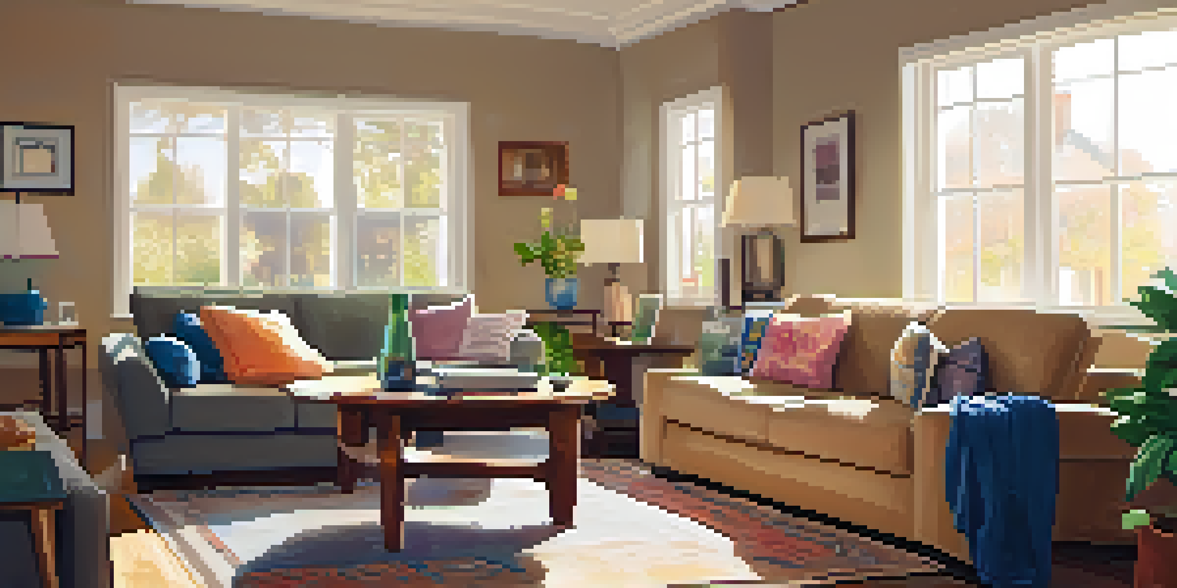 A couple sitting in a cozy living room discussing their home buying budget with paperwork and a laptop on the coffee table.