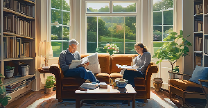 A couple sitting in a cozy living room, discussing their retirement plans with documents and a warm atmosphere.