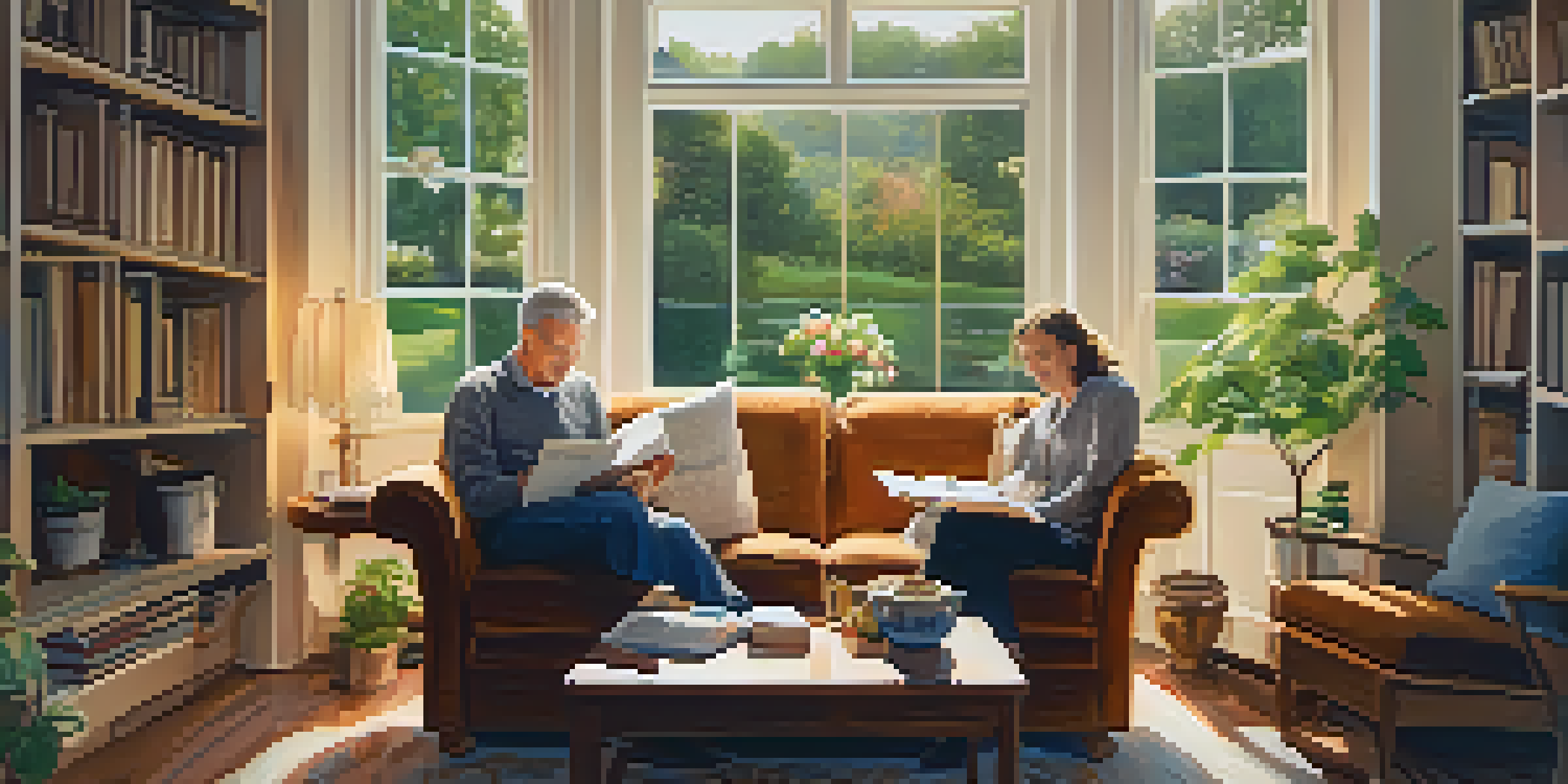 A couple sitting in a cozy living room, discussing their retirement plans with documents and a warm atmosphere.