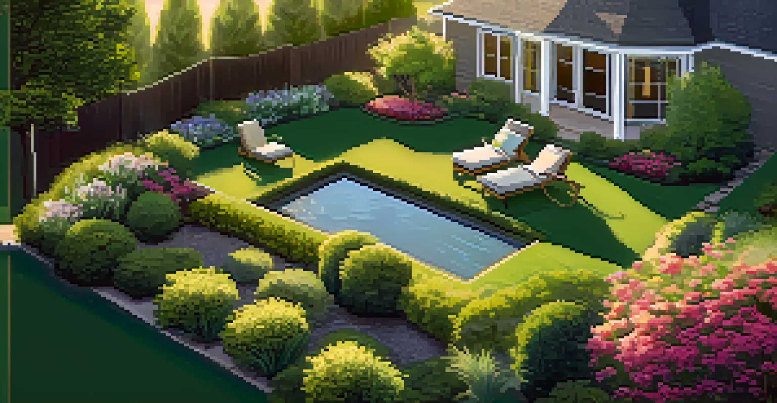 An aerial view of a landscaped backyard with a lush lawn, flower beds, and a small pond, bathed in warm golden hour light.