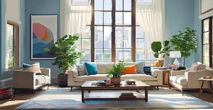 A modern living room with a beige sofa, colorful pillows, a wooden coffee table, and a large window, illuminated by natural light.