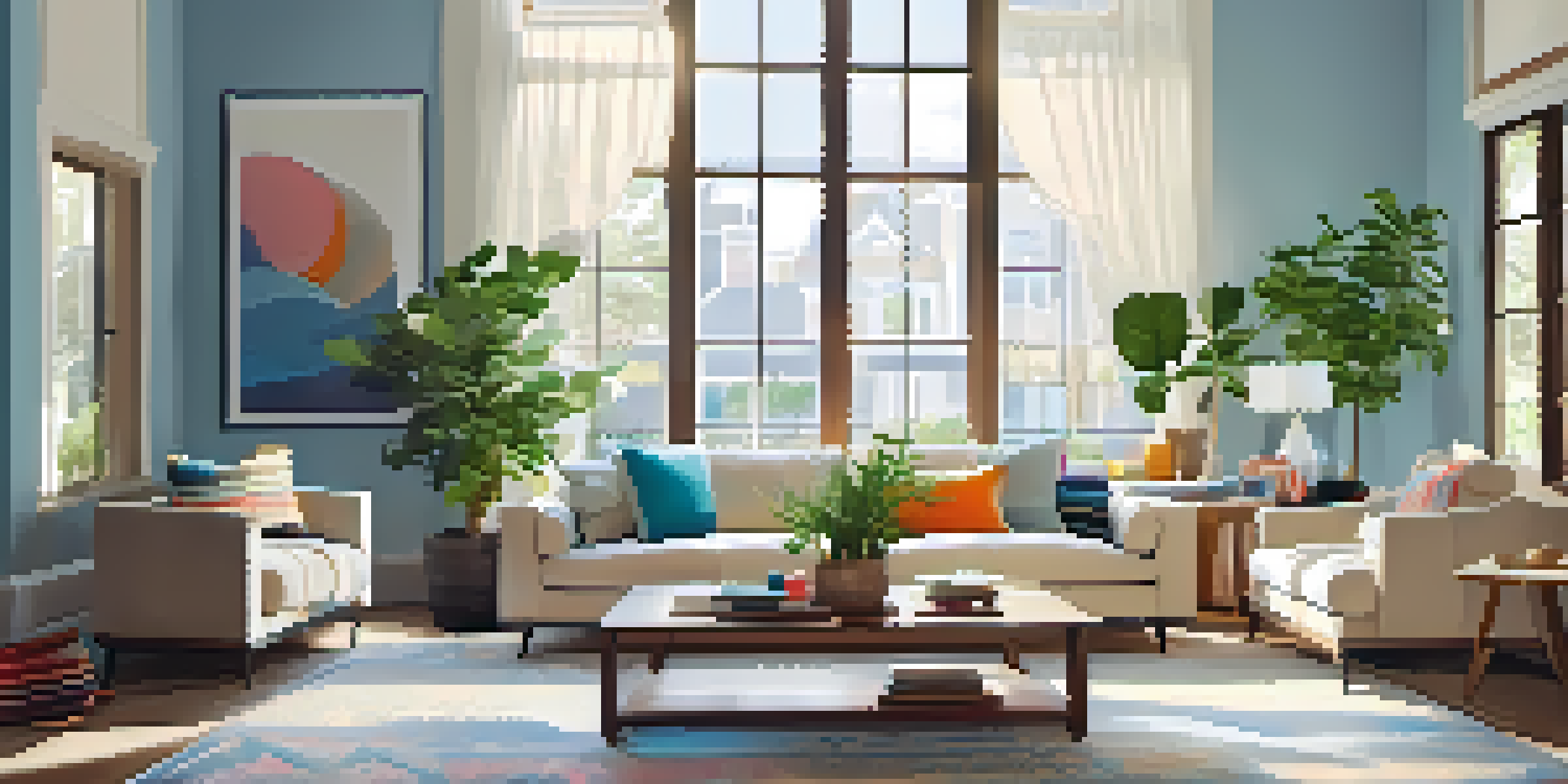 A modern living room with a beige sofa, colorful pillows, a wooden coffee table, and a large window, illuminated by natural light.