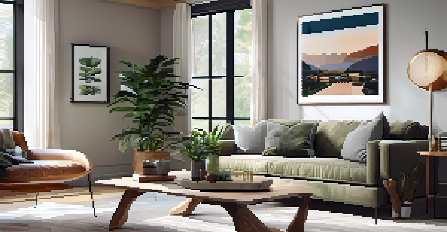 A stylish living room with natural light, modern decor, and a view of a peaceful neighborhood.