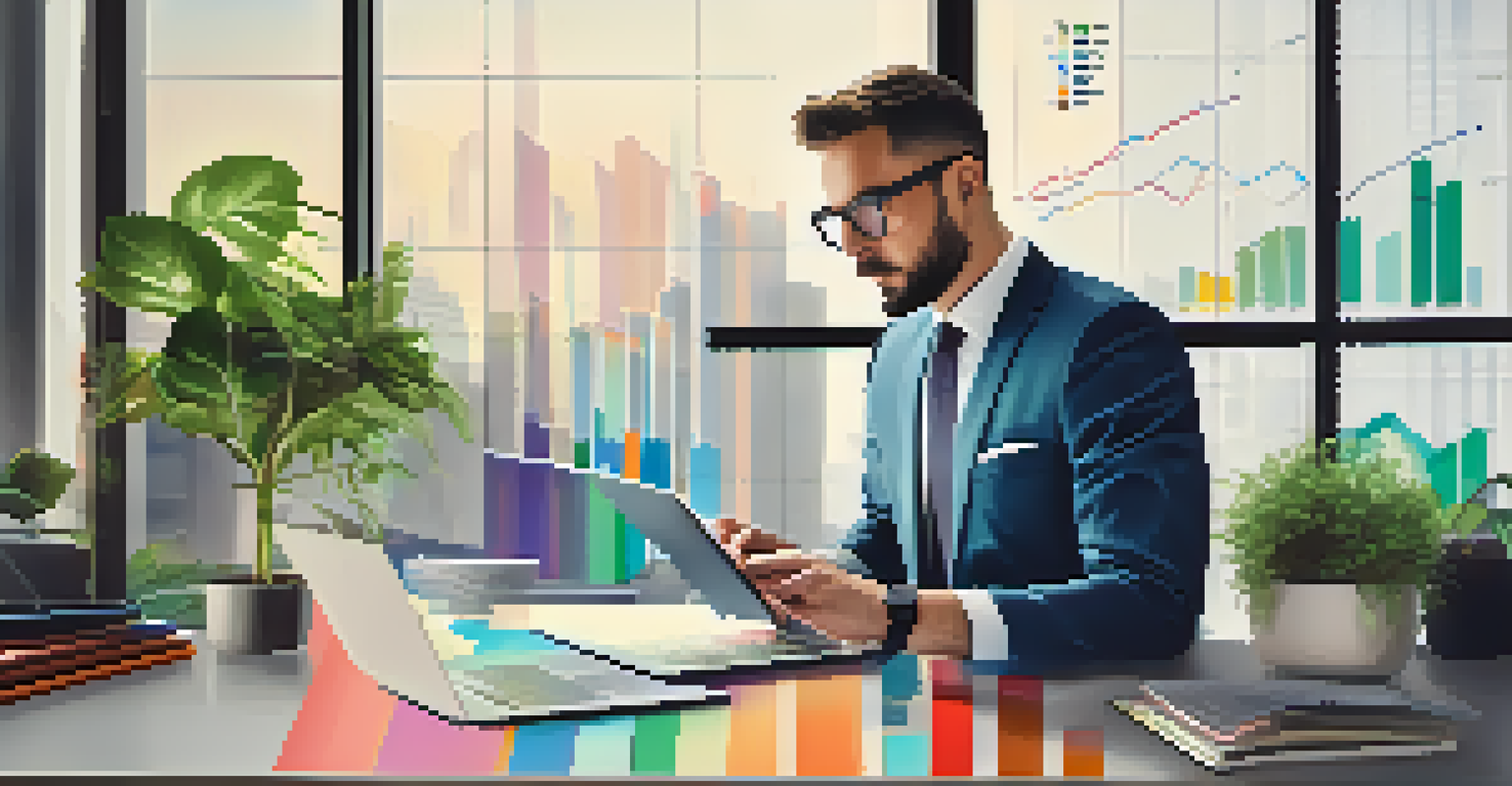 A real estate investor looking at market research data on a laptop with colorful charts, in a bright modern office.