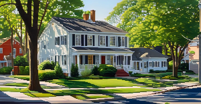 A suburban neighborhood showing both foreclosed homes and well-maintained properties, with sunlight and greenery.