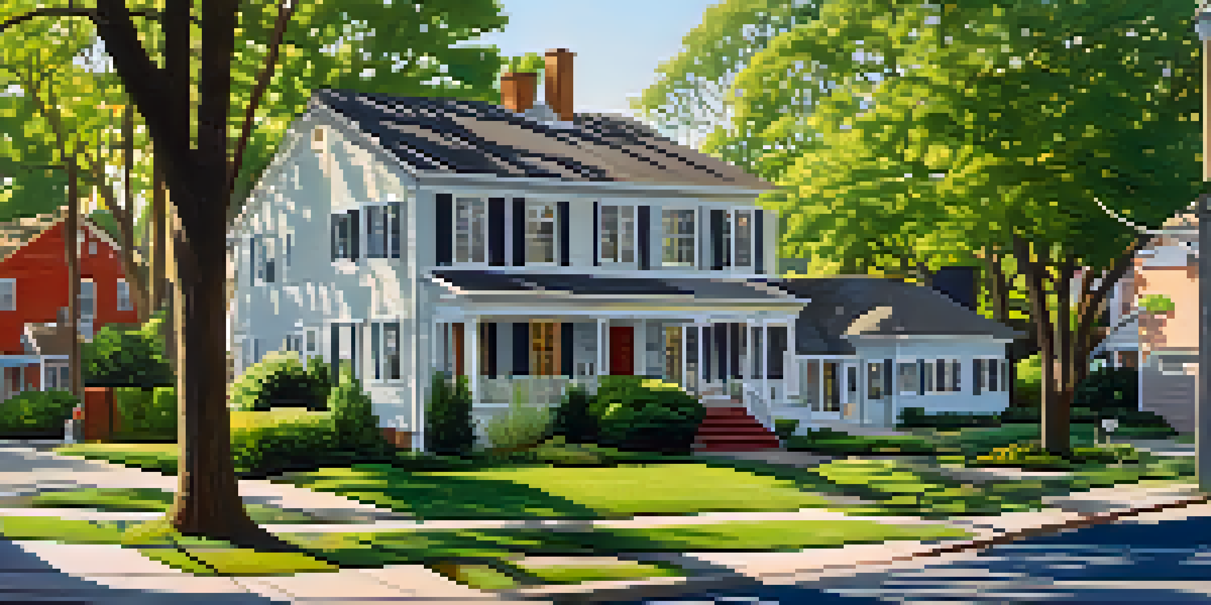 A suburban neighborhood showing both foreclosed homes and well-maintained properties, with sunlight and greenery.