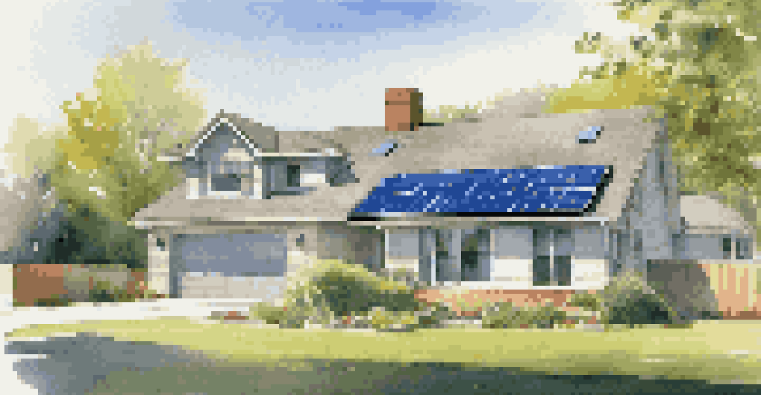 An outdoor view of a suburban home with solar panels reflecting sunlight, surrounded by a green lawn and blue sky.