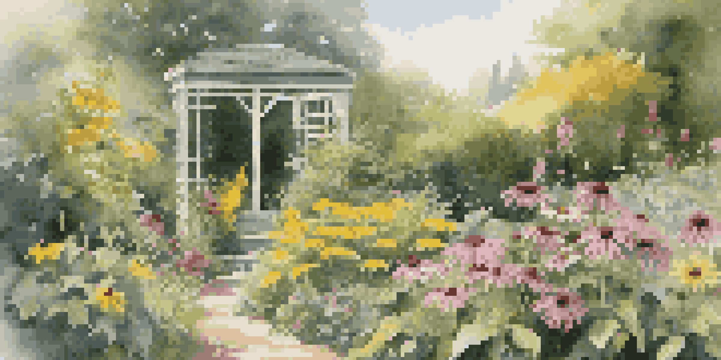 A colorful garden filled with native flowers and a wooden trellis covered in vines, illuminated by soft sunlight.