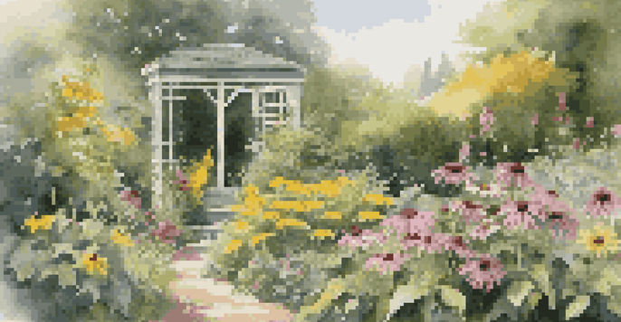 A colorful garden filled with native flowers and a wooden trellis covered in vines, illuminated by soft sunlight.