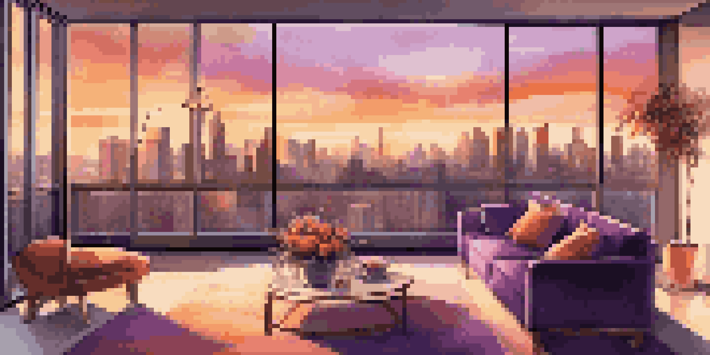 A modern living room with a city skyline view at sunset, featuring a stylish sofa and warm lighting.