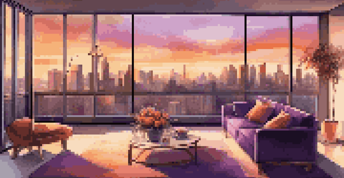 A modern living room with a city skyline view at sunset, featuring a stylish sofa and warm lighting.