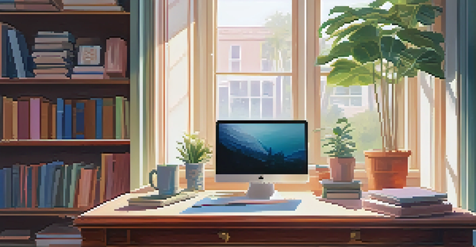 A peaceful home office with a wooden desk, laptop, notepad, and coffee cup, bathed in soft morning light.