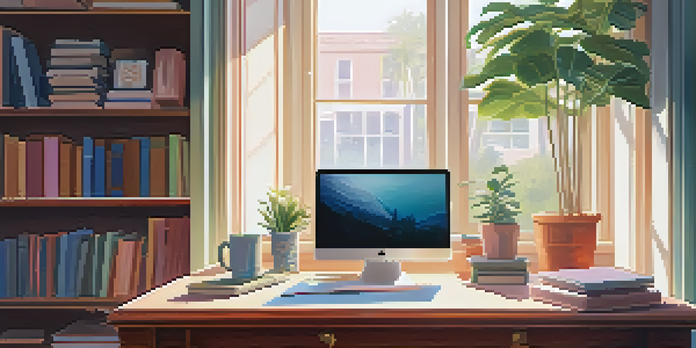 A peaceful home office with a wooden desk, laptop, notepad, and coffee cup, bathed in soft morning light.