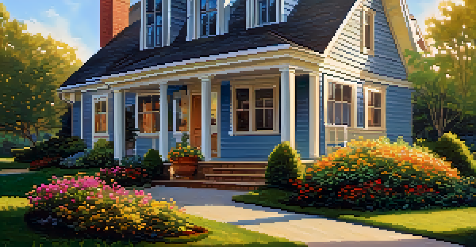 An inviting outdoor home entrance with a freshly painted door, vibrant flower beds, and a trimmed lawn, illuminated by the afternoon sun.