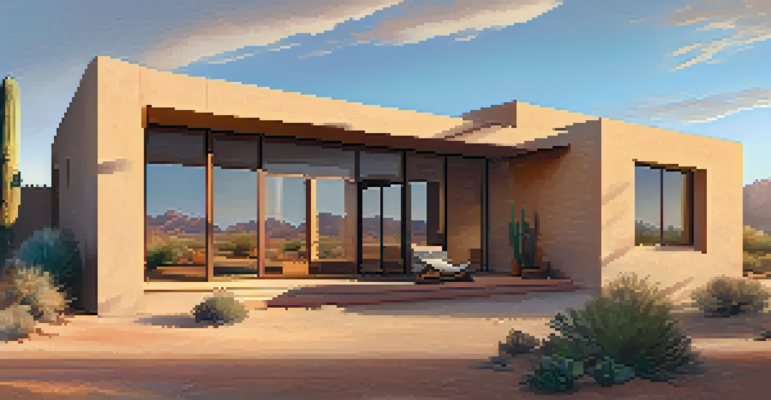 A modern house with large south-facing windows and thick adobe walls in a desert landscape at sunset.