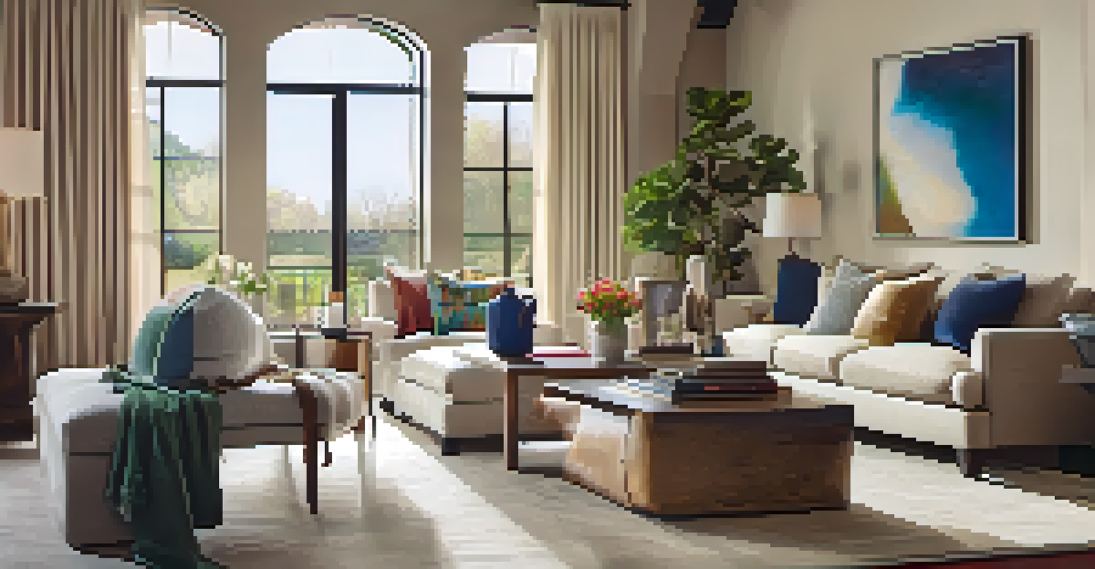 A cozy living room with a beige sofa, colorful pillows, a minimalist coffee table, and large windows with sheer curtains, filled with natural light.