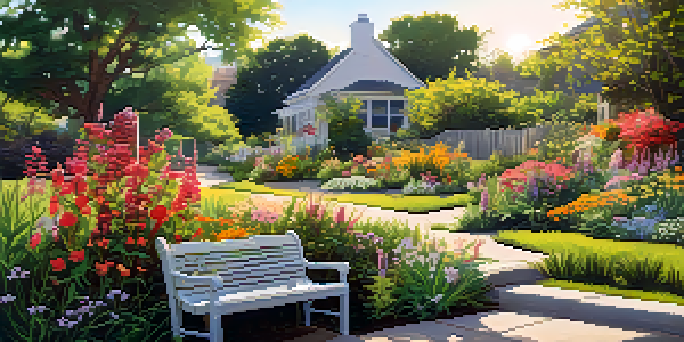 A colorful garden in a neighborhood with native plants, bees, butterflies, and birds under warm sunlight.