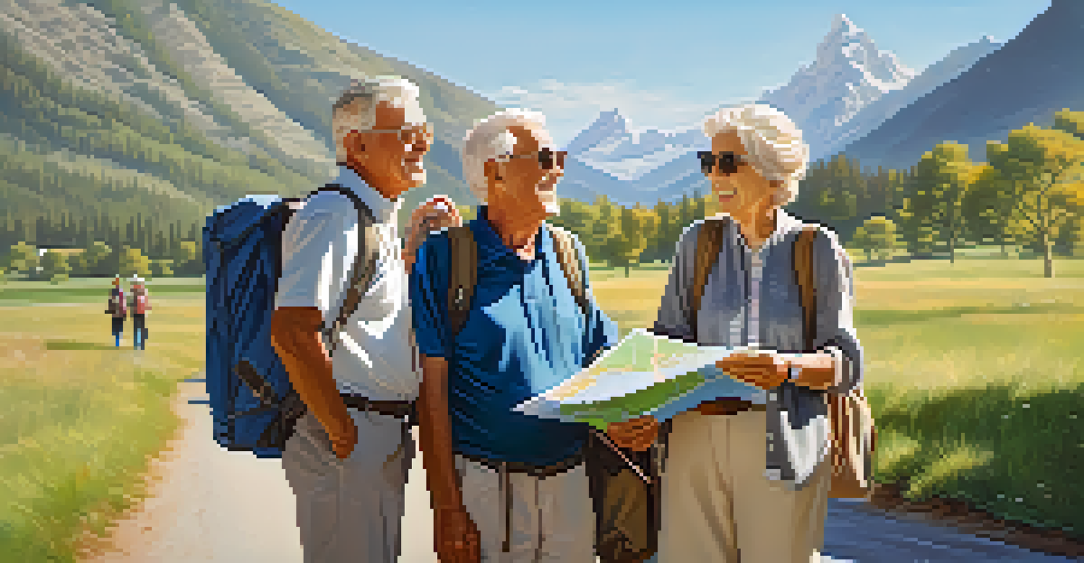 Retirees enjoying a travel adventure, smiling in front of a beautiful mountain landscape while looking at a map.