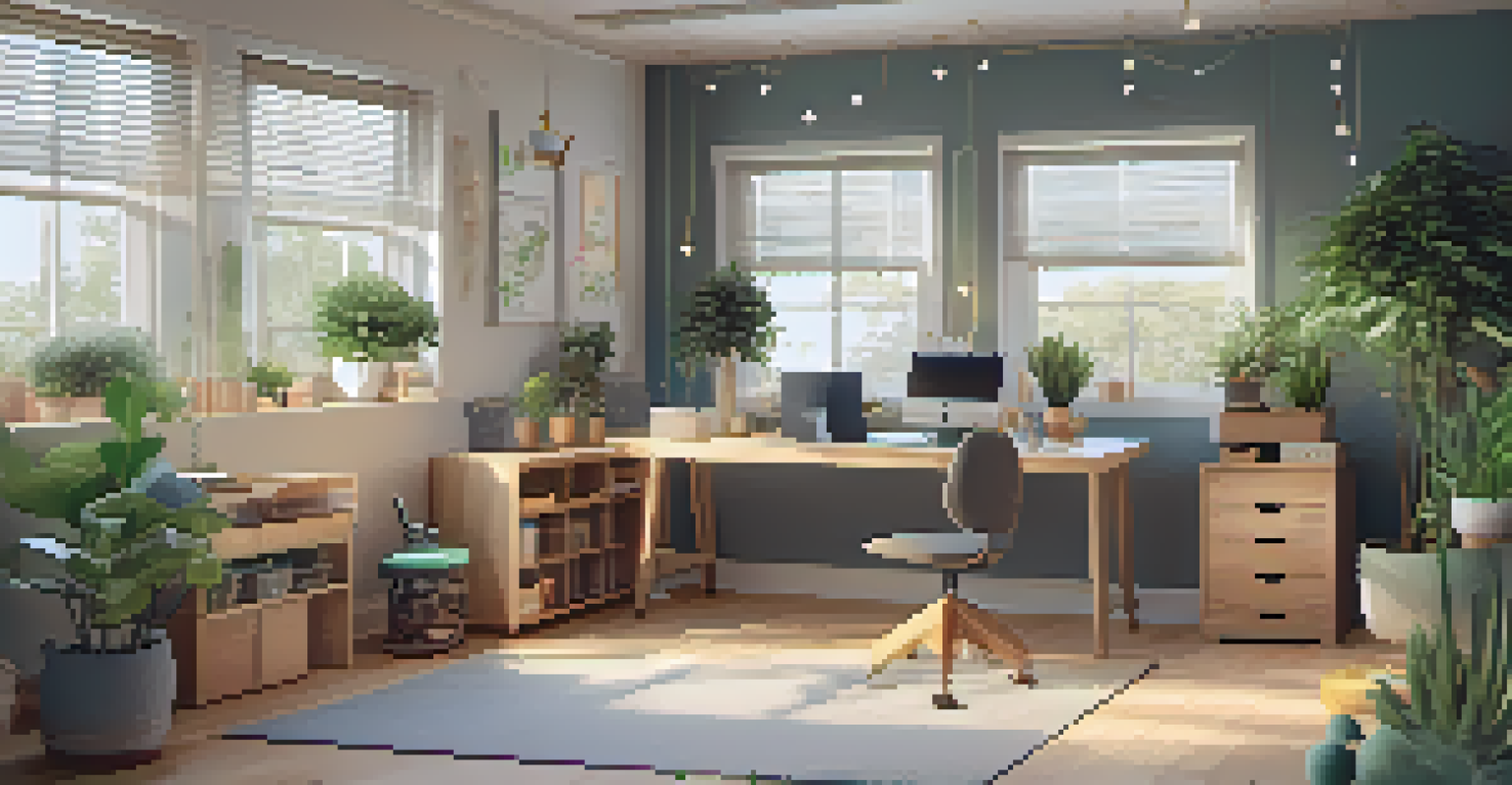 A sensory-friendly workspace with soft lighting, calming colors, and comfort items such as stress balls and fidget spinners.