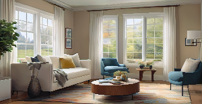 A cozy living room with accessible vinyl flooring, natural light, comfortable seating, and a colorful area rug.