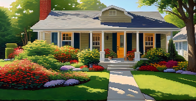 A well-maintained front yard of a suburban home with colorful flowers and a freshly painted front door, illuminated by soft sunlight.