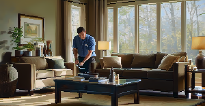 A home inspector reviewing an inspection report in a bright living room with modern decor.