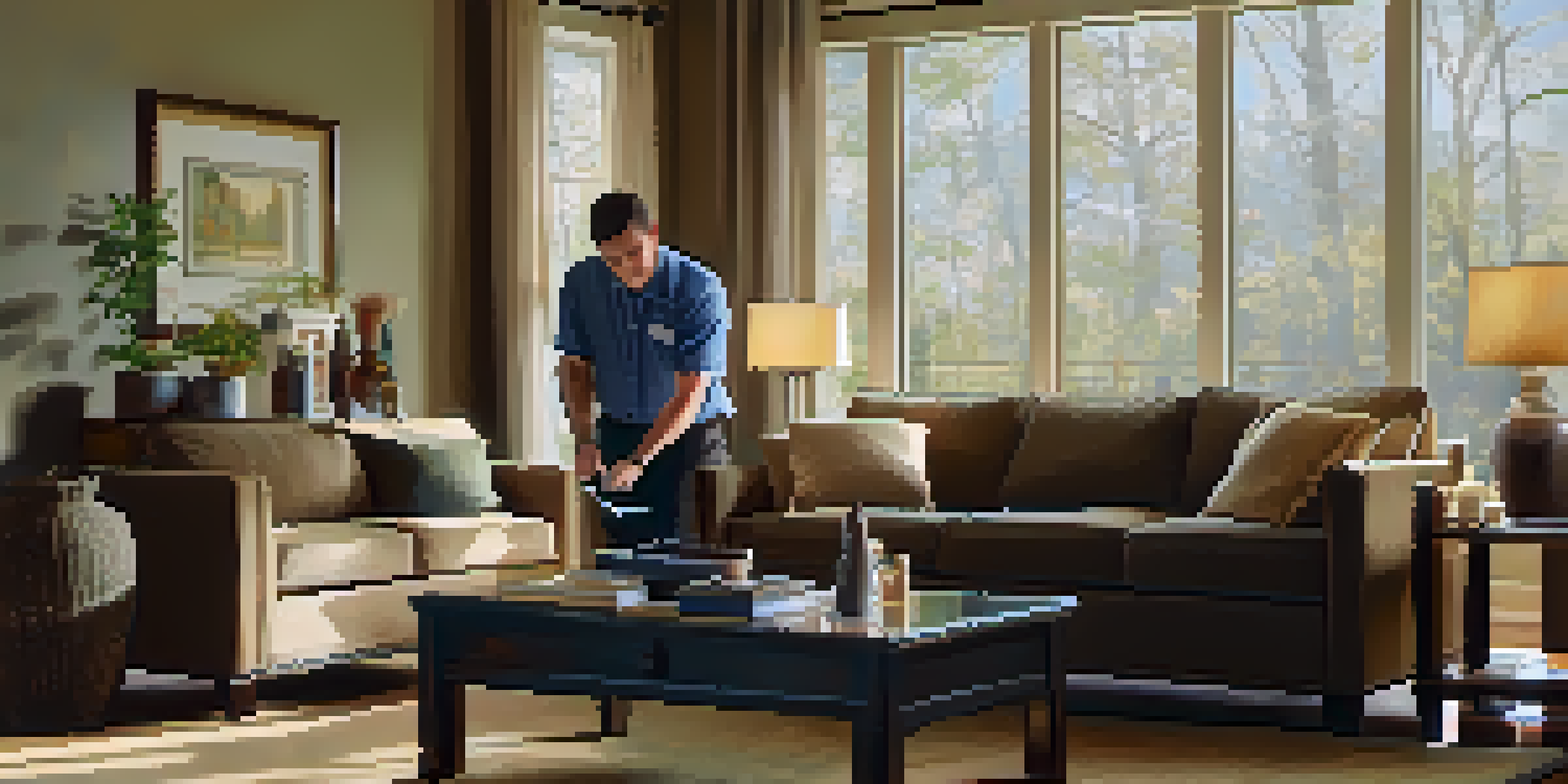 A home inspector reviewing an inspection report in a bright living room with modern decor.