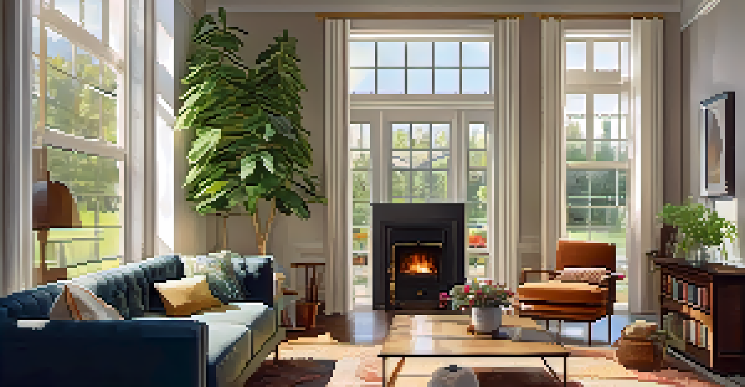 A cozy living room with a fireplace, plants, and natural light coming through the window.