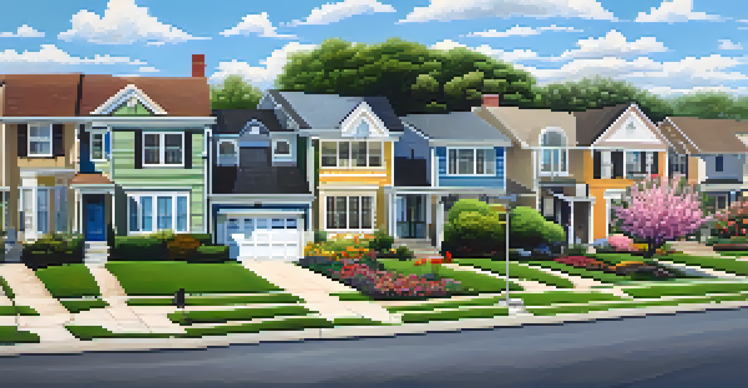 A colorful neighborhood with diverse homes and gardens under a bright blue sky.