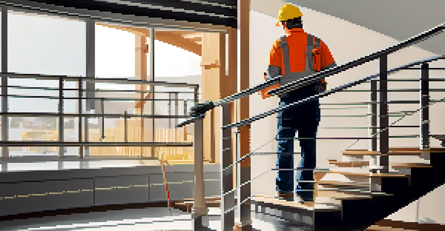 A contractor examining a staircase for safety modifications, surrounded by tools and safety gear.