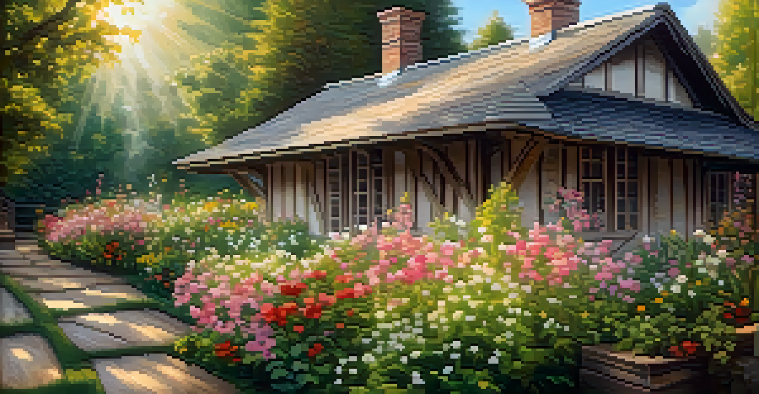 Close-up of a rustic wooden shake roof on a cottage, with a garden background and sunlight filtering through the trees.