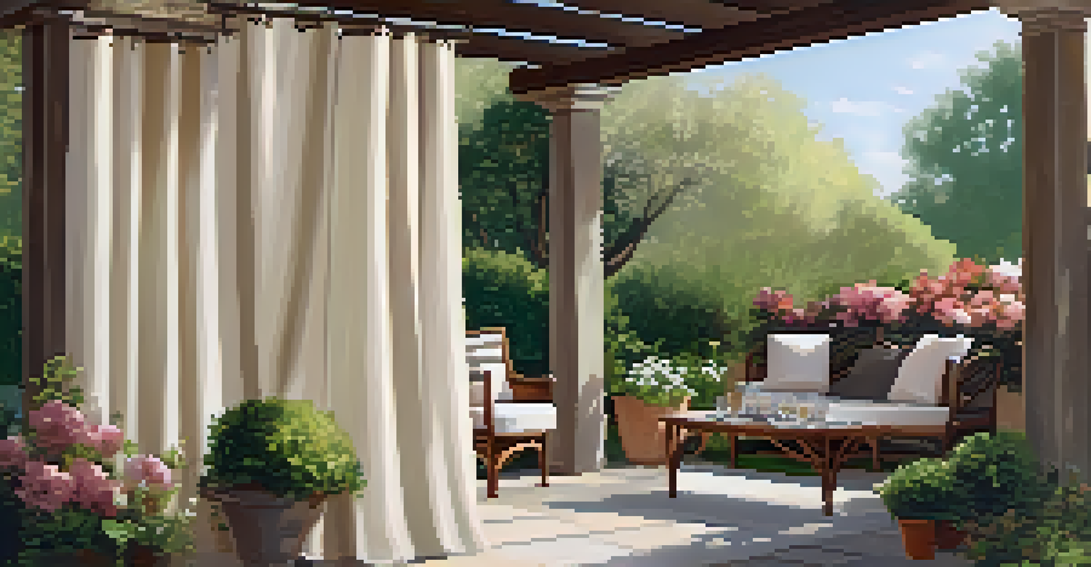 An elegant outdoor space with soft outdoor curtains hanging from a pergola, featuring a cozy nook with a bistro table and blooming flowers in warm afternoon light.