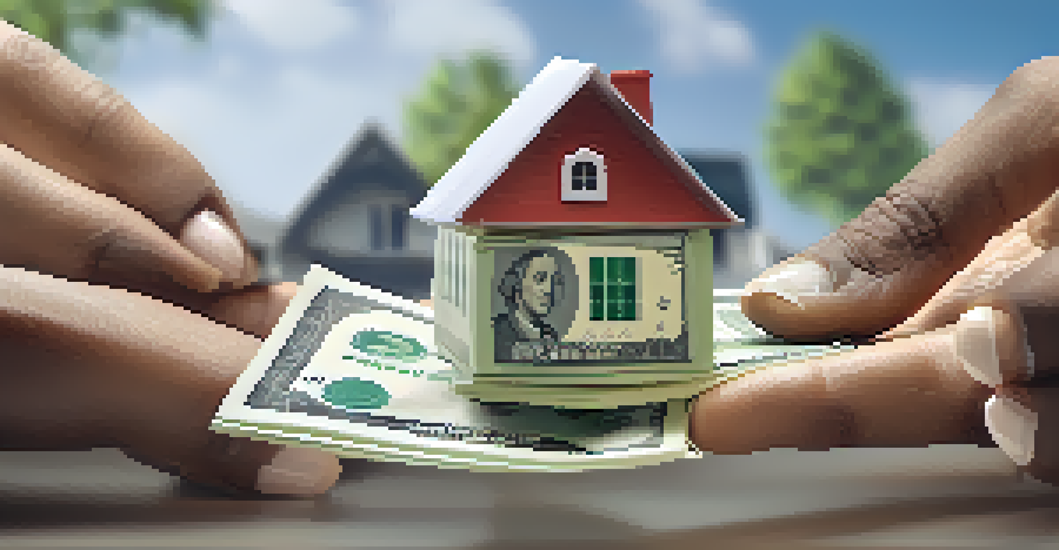 A close-up of diverse hands pooling money together around a small house model, representing the concept of real estate crowdfunding.