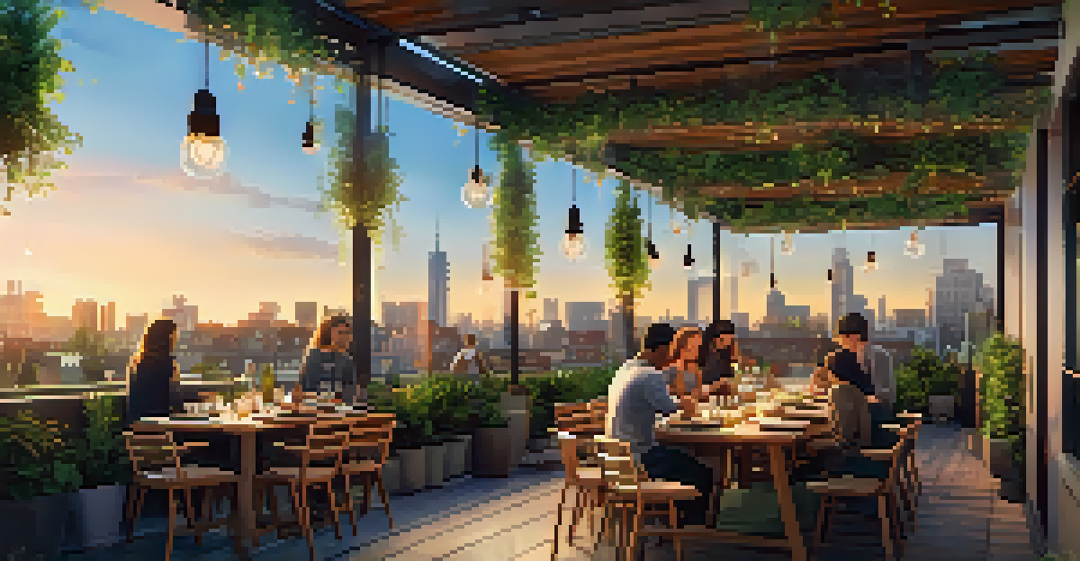 A rooftop garden at sunset where residents are dining together, with a city skyline in the background and warm lights creating a cozy atmosphere.