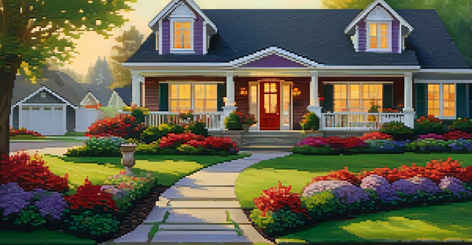 A picturesque suburban home with colorful flowers and a stone pathway leading to the porch, illuminated by warm light.